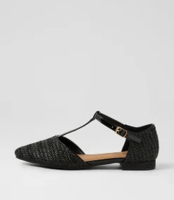 Women I LOVE BILLY Flats-Allora Black Synthetic Raffia Flat Shoes