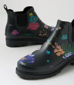 Women I LOVE BILLY Boots-Baia Black Flower Gumboot Ankle Boots