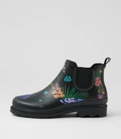 Women I LOVE BILLY Boots-Baia Black Flower Gumboot Ankle Boots