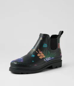 Women I LOVE BILLY Boots-Baia Black Flower Gumboot Ankle Boots
