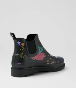 Women I LOVE BILLY Boots-Baia Black Flower Gumboot Ankle Boots