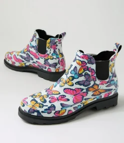 Women I LOVE BILLY Boots-Baia White Butterfly Gumboot Ankle Boots