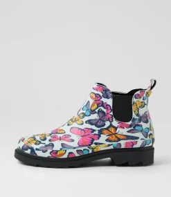 Women I LOVE BILLY Boots-Baia White Butterfly Gumboot Ankle Boots