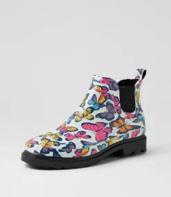 Women I LOVE BILLY Boots-Baia White Butterfly Gumboot Ankle Boots