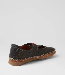 Women DIANA FERRARI Flats-Beadee Black Tan Leather Lace Up Flats