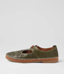 Women DIANA FERRARI Flats-Beadee Olive Tan Leather Lace Up Flats