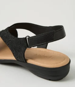 Women SUPERSOFT Comfort|Flats-Bensin Black Floral Foil Leather Sandals