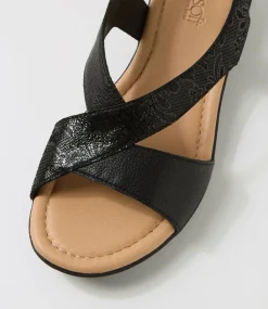 Women SUPERSOFT Comfort|Flats-Bensin Black Floral Foil Leather Sandals