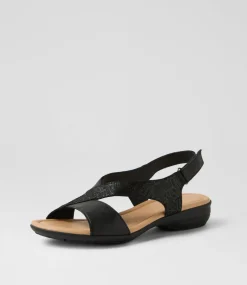 Women SUPERSOFT Comfort|Flats-Bensin Black Floral Foil Leather Sandals