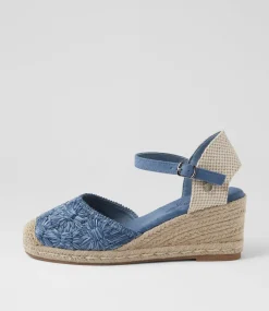 Women I LOVE BILLY Heels-Bessine Blue Daisy Fabric Heels