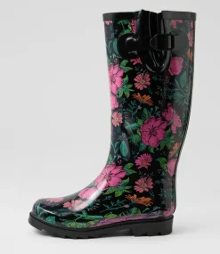 Women I LOVE BILLY Boots-Bianni Black Floral Gumboot Knee High Boots