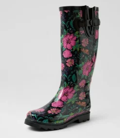 Women I LOVE BILLY Boots-Bianni Black Floral Gumboot Knee High Boots
