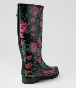 Women I LOVE BILLY Boots-Bianni Black Floral Gumboot Knee High Boots