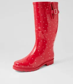 Women I LOVE BILLY Boots-Bianni Red Spot Gumboot Knee High Boots