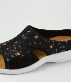 Women I LOVE BILLY Flats|Sandals-Christin Black Floral Fabric Sandals