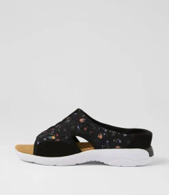 Women I LOVE BILLY Flats|Sandals-Christin Black Floral Fabric Sandals