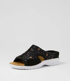 Women I LOVE BILLY Flats|Sandals-Christin Black Floral Fabric Sandals