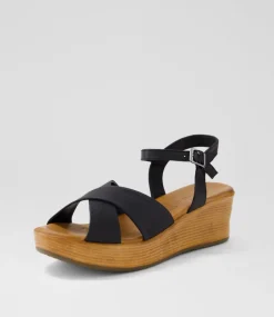 Women DIANA FERRARI Wedges|Heels-Citters Black Leather Sandals