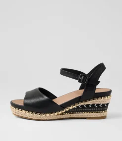 Women SUPERSOFT Comfort|Wedges-Cousin Black Jewelled Rope Leather Sandals