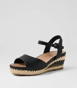 Women SUPERSOFT Comfort|Wedges-Cousin Black Jewelled Rope Leather Sandals