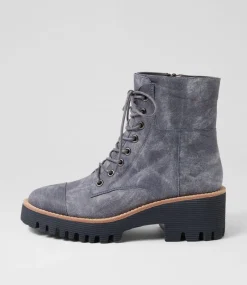 Women TOP END Boots-Dailay Washed Denim Leather Lace Up Boots