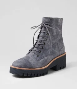 Women TOP END Boots-Dailay Washed Denim Leather Lace Up Boots