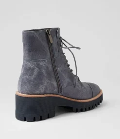 Women TOP END Boots-Dailay Washed Denim Leather Lace Up Boots