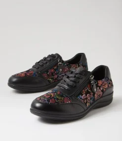 Women SUPERSOFT Comfort|Flats-Danai Black Red Floral Leather Suede Lace Up Flats