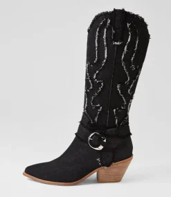 Women TOP END Boots-Daya Black Denim Fabric Knee High Boots
