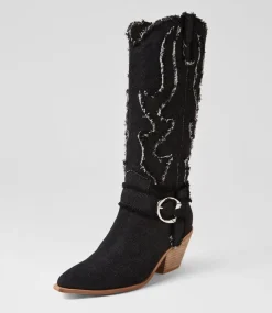 Women TOP END Boots-Daya Black Denim Fabric Knee High Boots