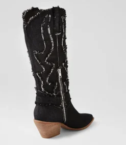 Women TOP END Boots-Daya Black Denim Fabric Knee High Boots