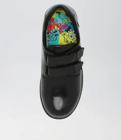 COLORADO Junior School Shoes-Daze Jnr Adj Spongebob Black Leather Flat Shoes