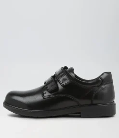 COLORADO Junior School Shoes-Daze Jnr Adj Spongebob Black Leather Flat Shoes