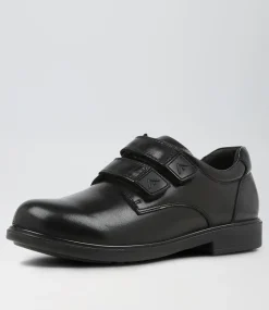 COLORADO Junior School Shoes-Daze Jnr Adj Spongebob Black Leather Flat Shoes