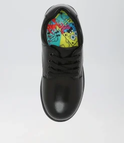 COLORADO Junior School Shoes-Daze Jnr Spongebob Black Leather Lace Up Flats