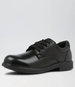 COLORADO Junior School Shoes-Daze Jnr Spongebob Black Leather Lace Up Flats