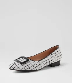 Women DIANA FERRARI Flats-Derina White Tweed Black Fabric Patent Ballet Flats
