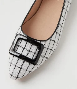Women DIANA FERRARI Flats-Derina White Tweed Black Fabric Patent Ballet Flats