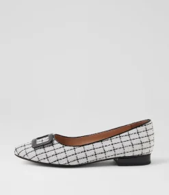 Women DIANA FERRARI Flats-Derina White Tweed Black Fabric Patent Ballet Flats