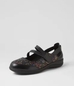 Women SUPERSOFT Comfort|Mary Janes-Dobbins Black Multi Ditzy Leather Suede Flat Shoes