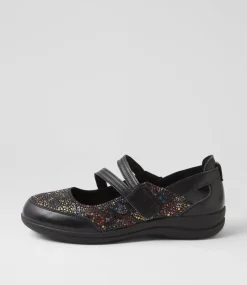 Women SUPERSOFT Comfort|Mary Janes-Dobbins Black Multi Ditzy Leather Suede Flat Shoes