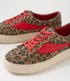 Women TOP END Sneakers-Dowens Camel Leopard Red Suede Leather Sneakers