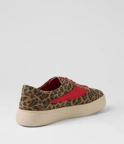 Women TOP END Sneakers-Dowens Camel Leopard Red Suede Leather Sneakers