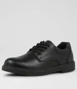 COLORADO Junior School Shoes-Earth Jnr E Lace Black Leather Flat Shoes