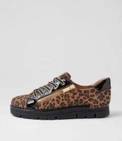 Women TOP END Sneakers-Elos Camel Leopard Black Suede Patent Sneakers
