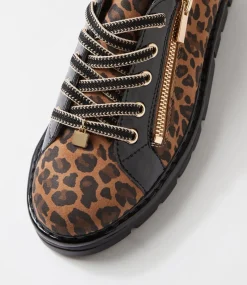 Women TOP END Sneakers-Elos Camel Leopard Black Suede Patent Sneakers