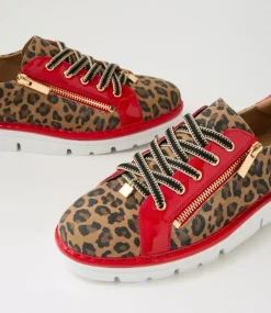 Women TOP END Sneakers-Elos Camel Leopard Red Suede Patent Sneakers