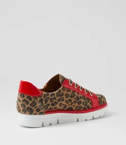 Women TOP END Sneakers-Elos Camel Leopard Red Suede Patent Sneakers