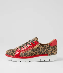 Women TOP END Sneakers-Elos Camel Leopard Red Suede Patent Sneakers