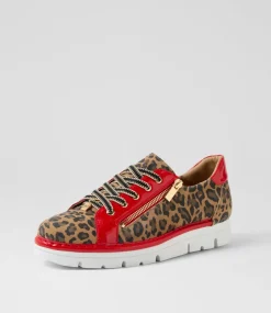 Women TOP END Sneakers-Elos Camel Leopard Red Suede Patent Sneakers
